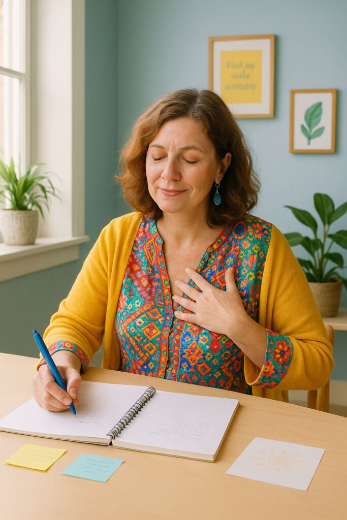 Frau mittleren Alters sitzt am Tisch, vor sich eine Kladde, eine Hand hält einen Stift, mit der anderen Hand berührt sie ihr Herz. Ihre Augen sind geschlossen. Die Atmosphäre ist hell und freundlich.