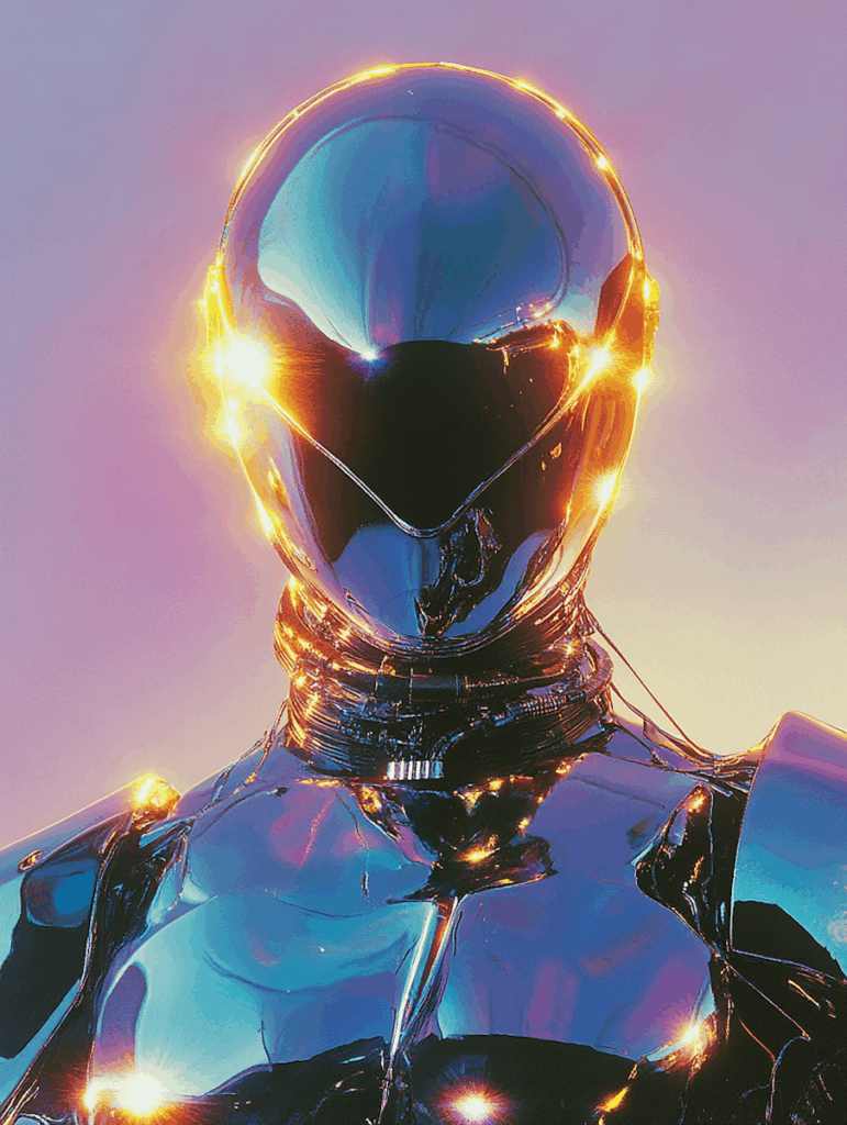 Der Autopilot als futuristische Darstellung einer Person, die einen glänzenden Helm und Rüstung trägt.