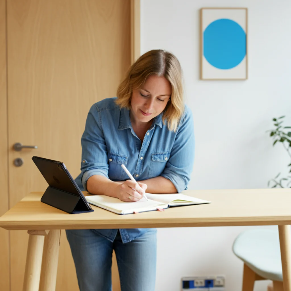 Frau steht an einem Holztisch und schreibt lesbare Texte in ihre Kladde. Links neben ihr steht ein Tablet.