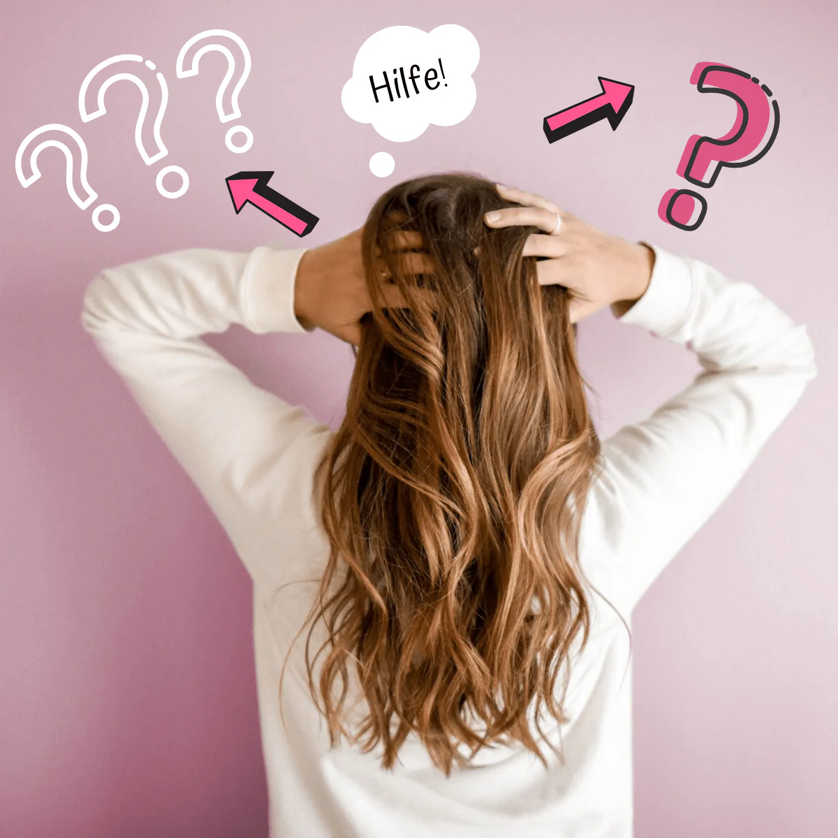 Frau mit Gesicht zur Wand und Händen am Kopf, umschwirrt von Fragezeichen und Gedankenblase "Hilfe!"