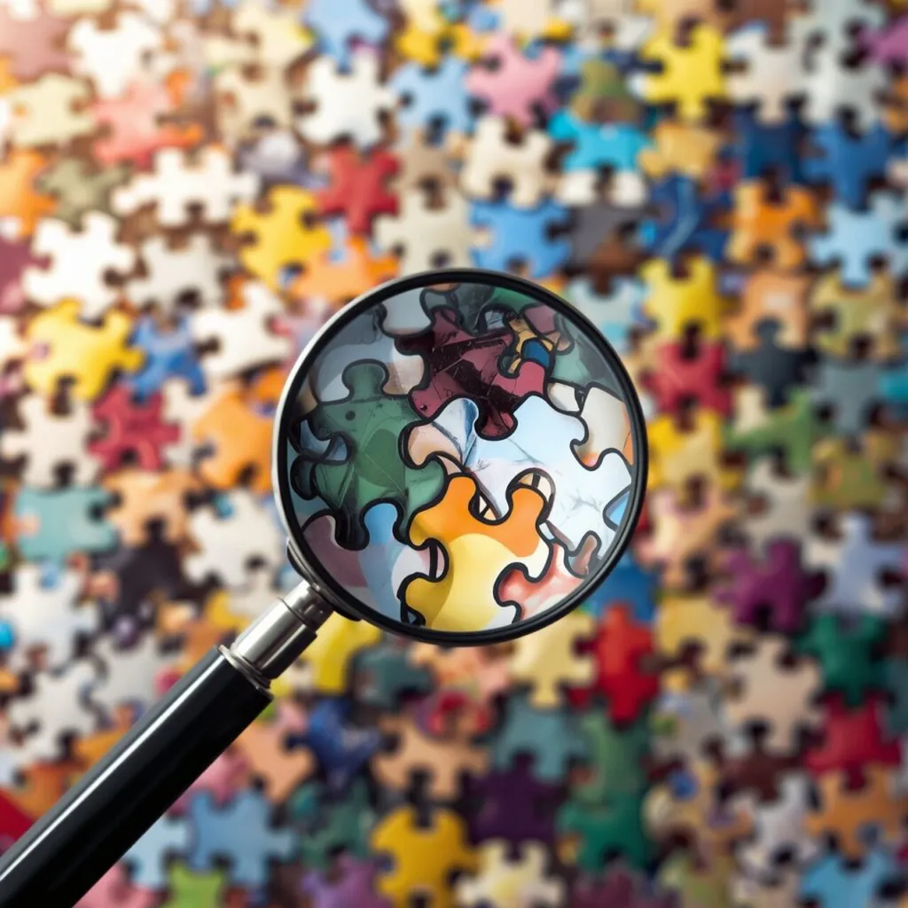 Positionierung schärfen: Mit der Lupe ein Puzzle untersuchen, um den Schatz der Vielseitigkeit zu heben.