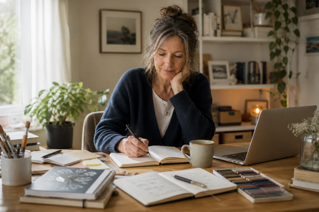 Frau sitzt im Homeoffice an einem Schreibtisch aus Holz mit einigen offen Projekten, die ihre Vielseitigkeit als Multitalent andeuten. Sie wirkt konzentriert bei der Sache, gleichzeitig entspannt.